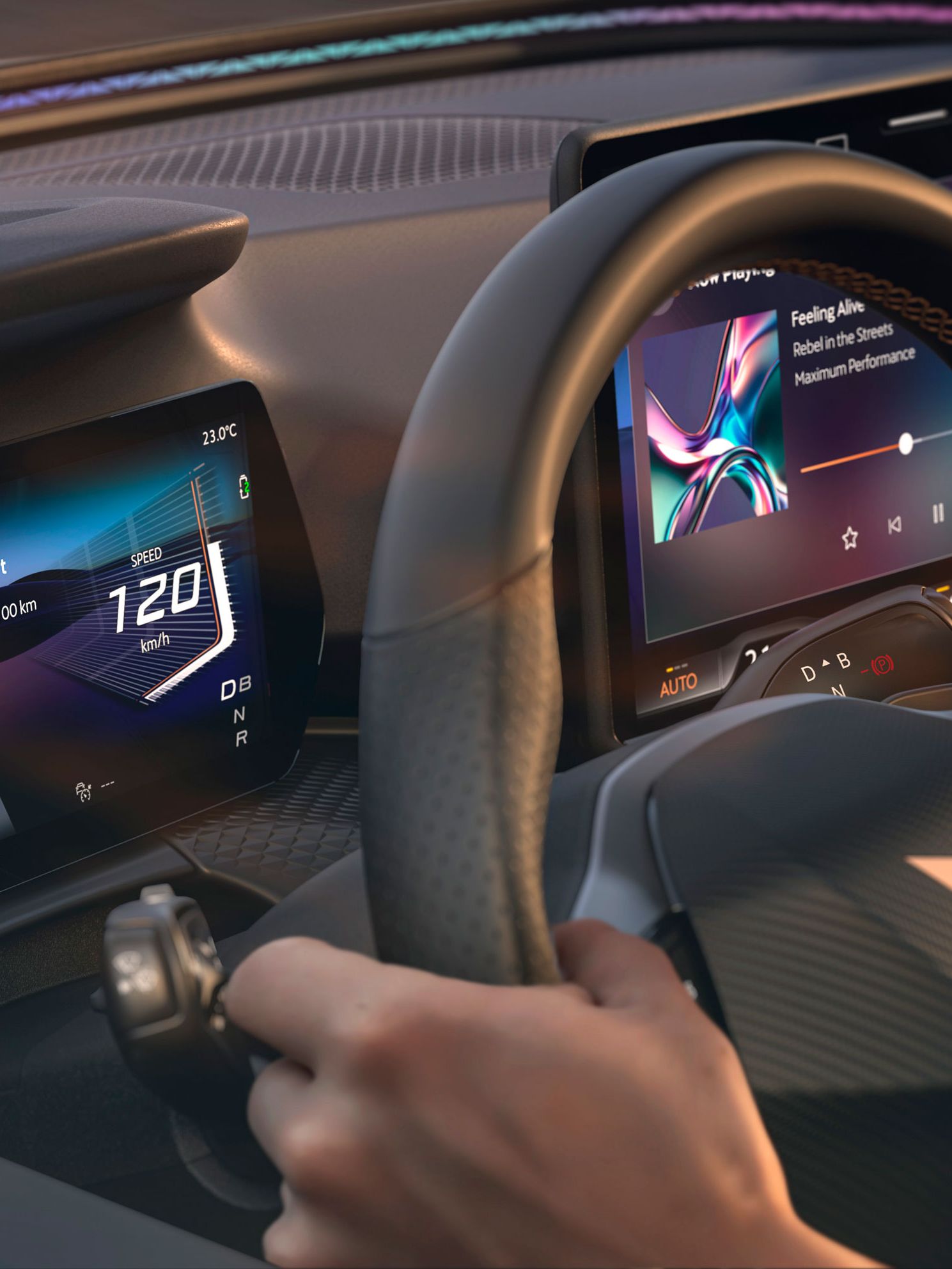 : Innenansicht des CUPRA Raval VZ mit digitalem Cockpit und der Emergency Assist-Funktion.